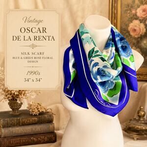 Vintage Oscar de la Renta Silk Scarf 1990s Blue Green Rose Floral 34x34 Square